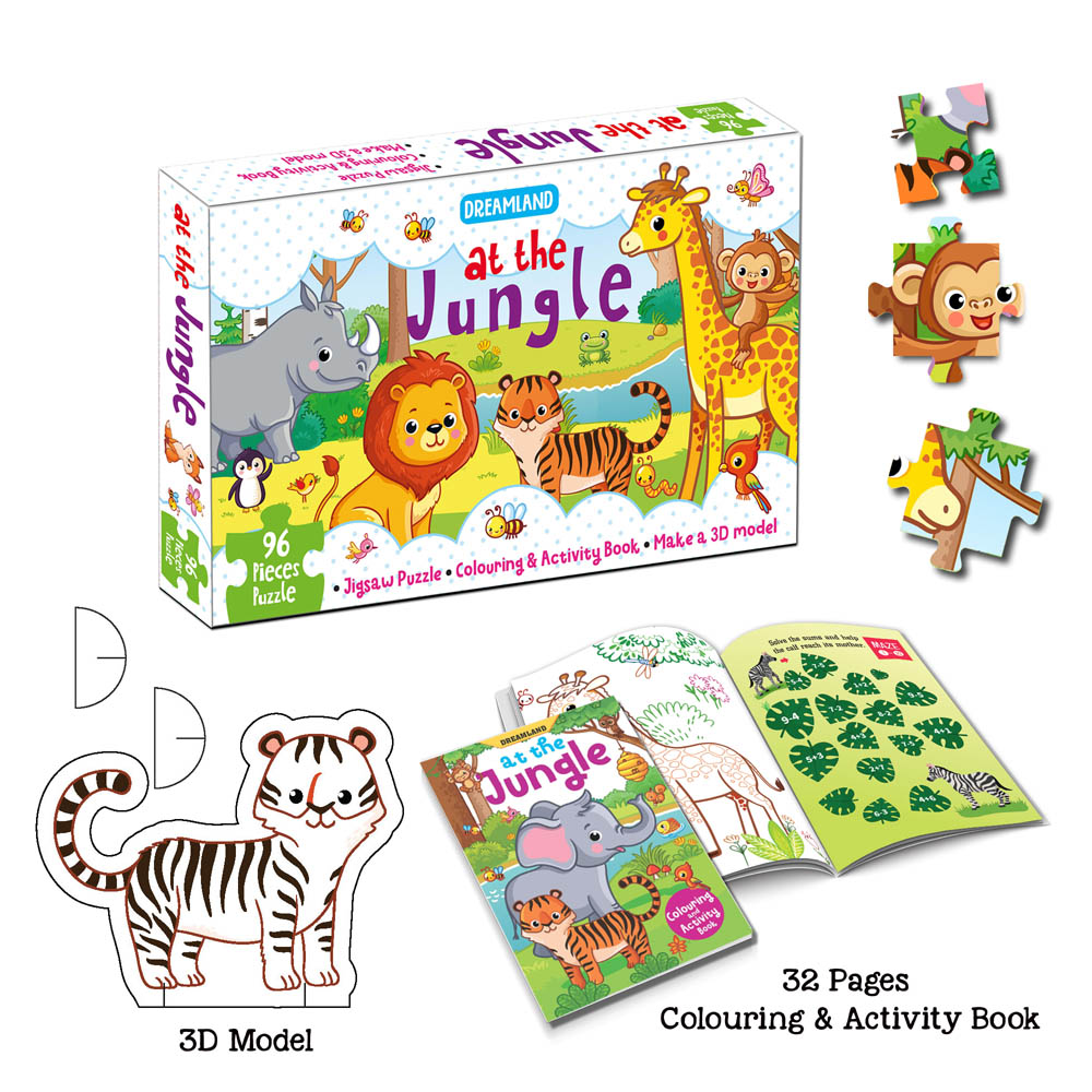 At the Jungle Jigsaw Puzzle for Kids – 96 Pcs | With Colouring & Activity Book and 3D Model - Image 4